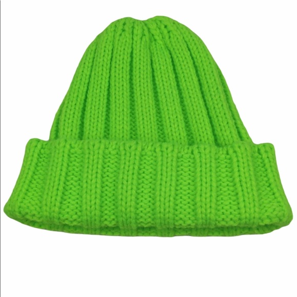 Neon Green Ribbed Knit Short Beanie 58665 - Picture 1 of 6